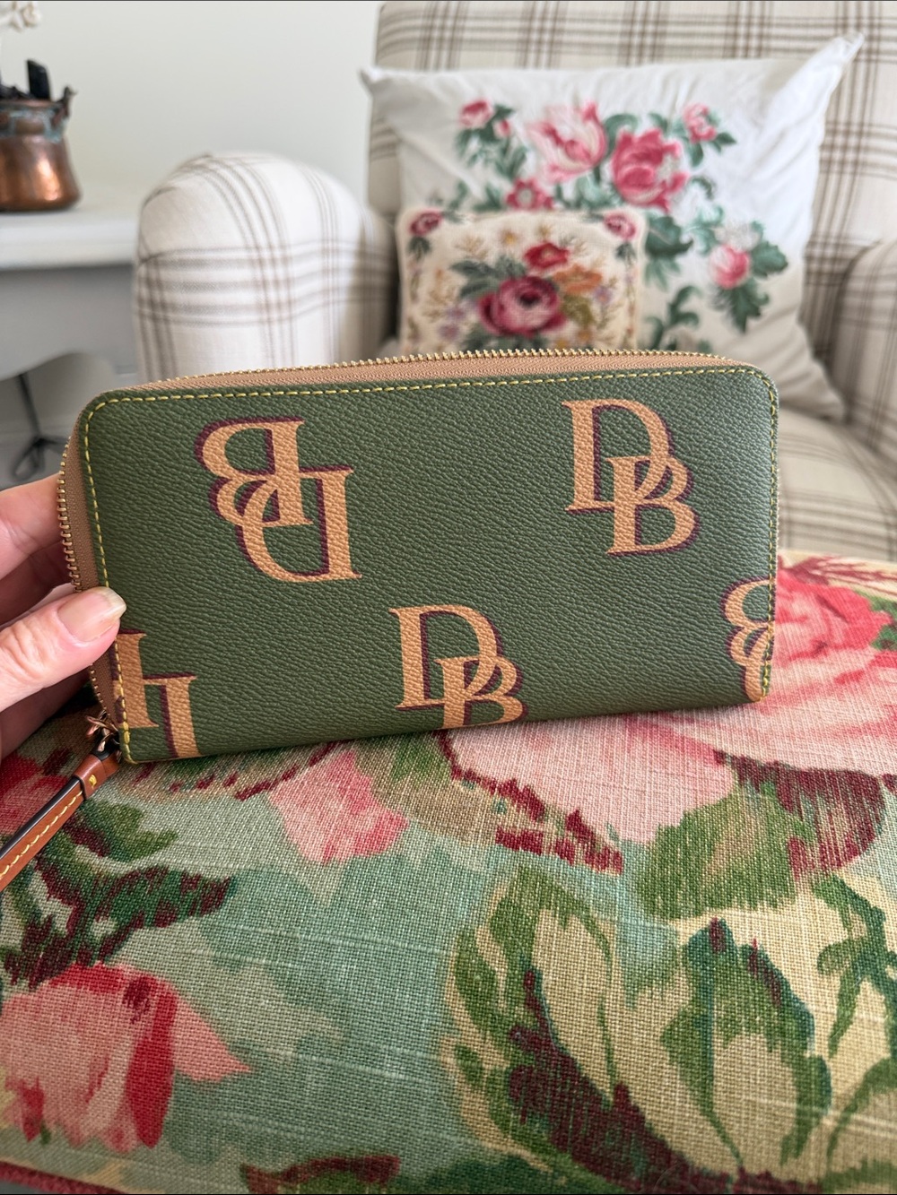 Dooney & Bourke Olive Green Logo Zip Wallet with Tan Accents